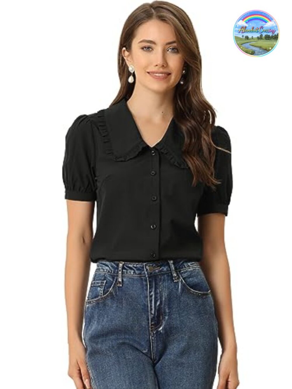 Peter Pan Collar Puff Short Sleeve Button Down Blouse Retro Vintage